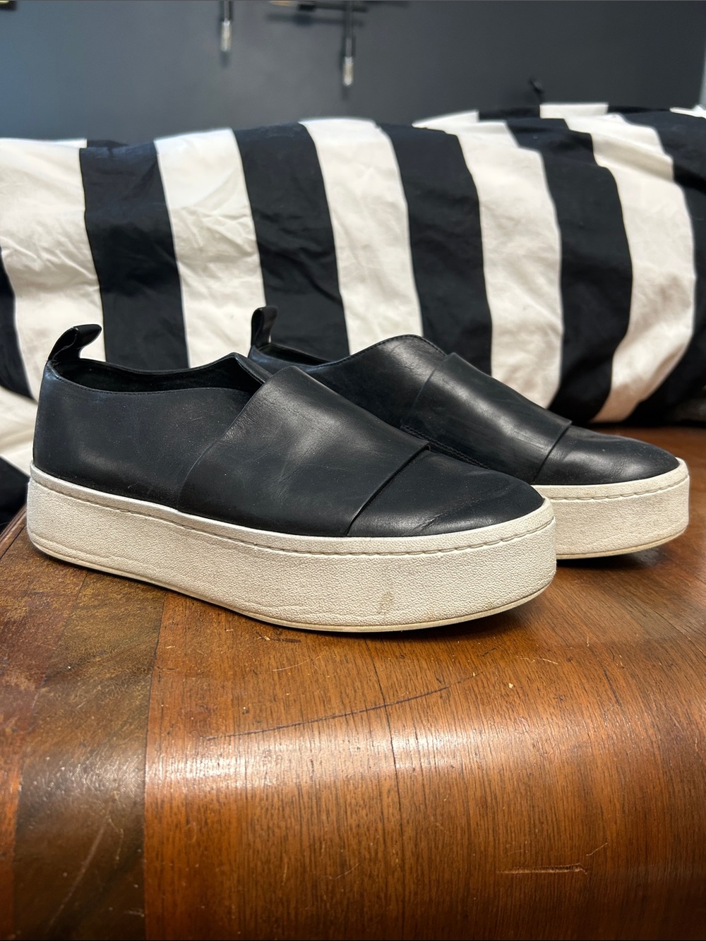 Vince Black Leather Slip-On Sneakers with White Platform